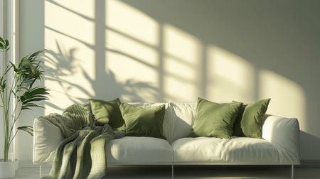 A cozy living area featuring a light colored sofa adorned with green cushions. Soft shadows from a window illuminate the space.の素材
