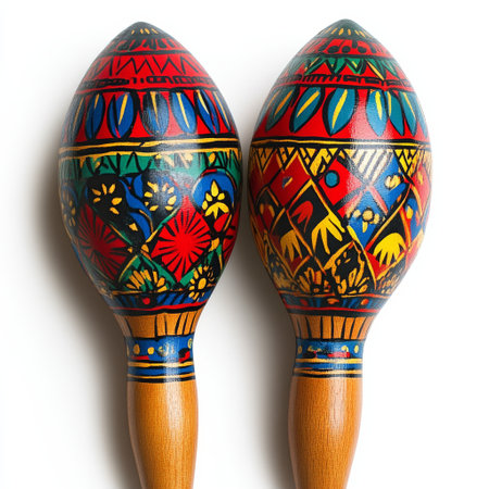 Two maracas with vibrant colors showcase traditional craftsmanship.の素材