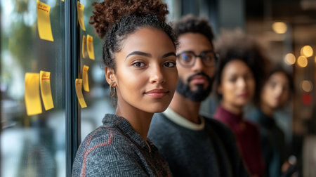 A diverse group of young professionals focuses on an idea sharing session, surrounded by sticky notes on a glass wall. The atmosphere is creative and collaborative, showing teamwork in action.の素材