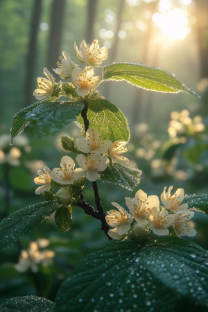 Delicate white flowers bloom on a slender branch surrounded by lush green leaves. Sunlight filters through trees, creating a serene atmosphere with glistening dew drops.の素材