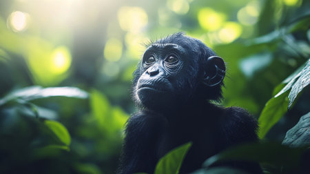 A young chimpanzee swings gracefully through the lush foliage of a vibrant tropical forest. Sunlight filters through the trees, highlighting the playful atmosphere of the jungle.の素材