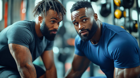 Two men are engaged in a focused conversation about workout techniques at a modern gym. They appear motivated and are exchanging insights on fitness and training methods.の素材