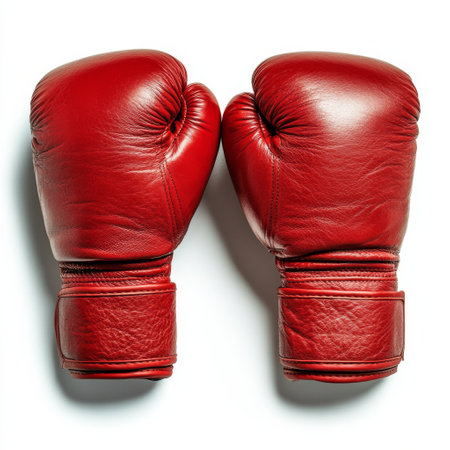 Two red boxing gloves are placed side by side against a white background, highlighting their sturdy leather texture and design. The gloves symbolize the sport of boxing and training.の素材