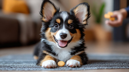 A small puppy with black, brown, and white fur sits patiently on a woven rug indoors. Potted plants and natural decor create a warm and inviting atmosphere in the space.の素材