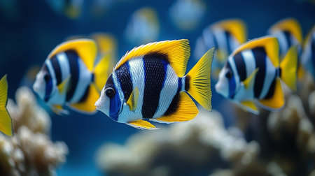 A school of striped fish with bright yellow fins glides through clear blue water, showing the beauty of a lively coral reef teeming with marine life.の素材