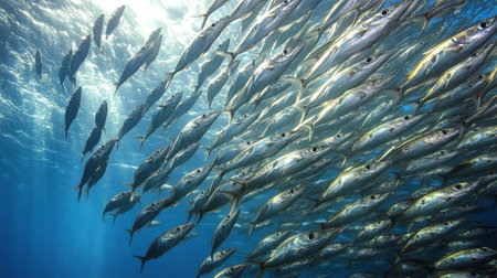 A school of striped fish with bright yellow fins glides through clear blue water, showing the beauty of a lively coral reef teeming with marine life.の素材