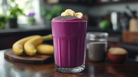 A tall glass filled with a creamy smoothie featuring a blend of fruits and nuts topped with chia seeds sits on a marble table. The cozy kitchen provides a warm atmosphere.の素材