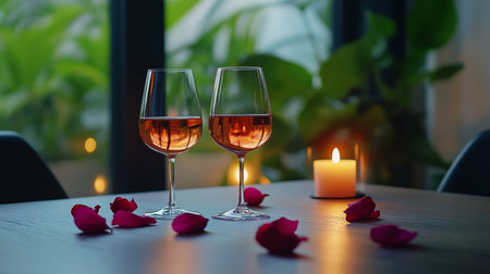 Two glasses filled with sparkling beverage sit on a beautifully arranged table surrounded by soft candlelight and delicate rose petals, creating a warm and romantic atmosphere for a celebration.の素材