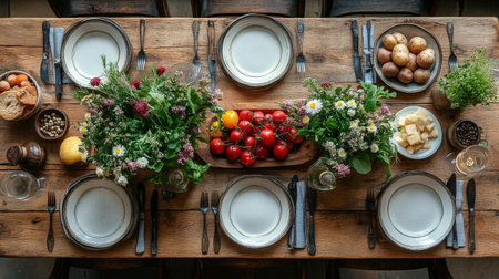 A beautifully arranged dining table features an array of fresh fruits, gourmet bread, and fine wines. The inviting atmosphere is perfect for a relaxed gathering or celebration.の素材