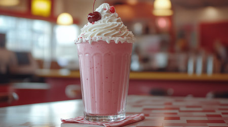 A tall glass filled with creamy pink milkshake topped with fluffy whipped cream and two cherries sits on a retro diner table. The vibrant colors create a nostalgic atmosphere.の素材