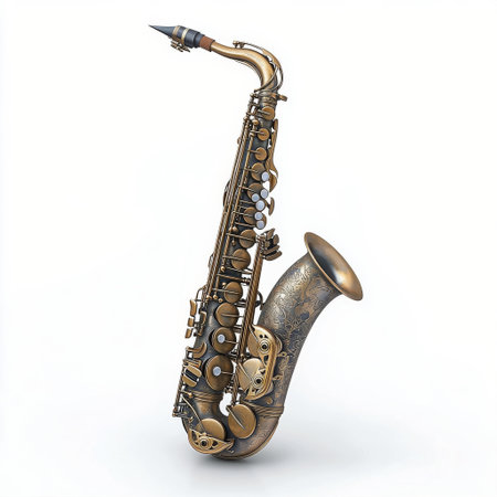 A beautifully crafted vintage saxophone stands upright against a plain background, highlighting its detailed design.の素材