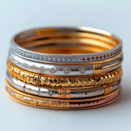 These decorative bangles showcase a mix of gold and silver tones, featuring intricate patterns and sparkling accents. Perfect for adding elegance to any outfit at celebrations or casual gatherings.の素材