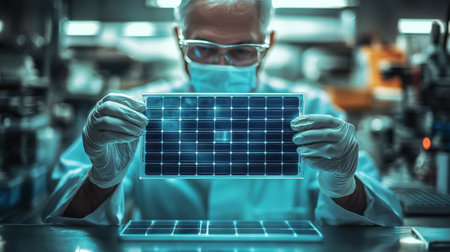 A scientist in a lab coat and protective gear inspects a solar panel under bright lights in a high tech laboratory. The focus is on quality assurance and innovation in renewable energy.の素材