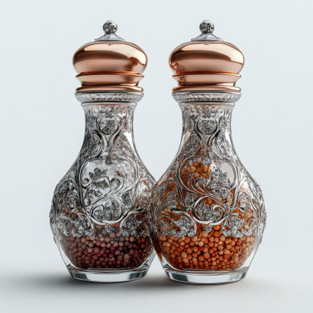 Two elegant glass containers hold different spices, one filled with a vibrant mixture and the other with dark seeds. The setting suggests a kitchen ready for cooking.の素材