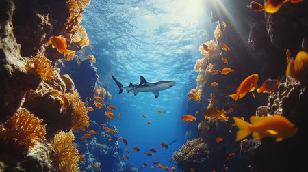 A group of sharks glides through a stunning coral reef under the shimmering water, showing the beauty of marine life and underwater ecosystems. The sunlight filters through the surface.の素材