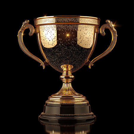 A golden trophy with intricate detailing sits prominently on a smooth, plain background. It symbolizes achievement and success, often used in award ceremonies to honor winners.の素材