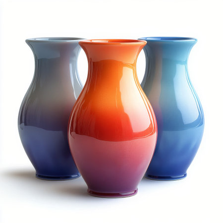 Three decorative vases feature beautiful gradient colors ranging from soft pastels to deep hues, showing an artistic mountain landscape design. Perfect for home decor or as gifts.の素材