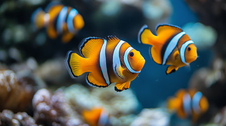 A school of striped fish with bright yellow fins glides through clear blue water, showing the beauty of a lively coral reef teeming with marine life.の素材