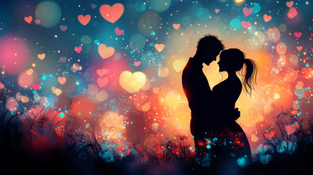 A couple stands closely together, sharing an intimate moment. Heart shapes float around them in a warm, glowing atmosphere at twilight, creating a romantic ambiance.の素材