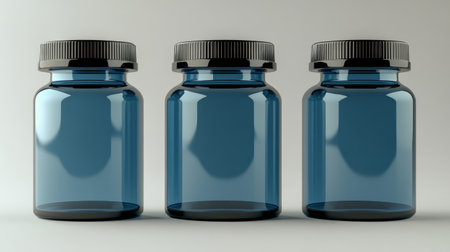 Shelves filled with jars of colorful pills in a pharmacy. The jar center stands out with bright orange contents, surrounded by an array of other vibrant colors showing different medication types.の素材