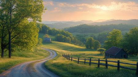 Warm sunlight casts a golden glow over lush green meadows and hills during spring. A winding dirt path leads through the vibrant landscape, inviting exploration and tranquility.の素材