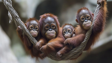 Three young orangutans are happily swinging on ropes while hanging from tree branches in a vibrant, green forest. Their playful expressions capture a joyful moment in nature.の素材