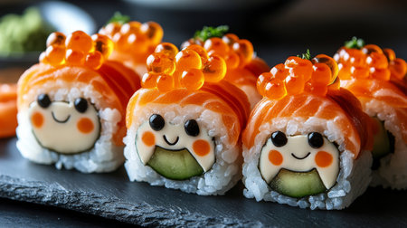 Four sushi rolls topped with fresh salmon slices are arranged on a black stone plate. Accompanied by wasabi and pickled ginger, this dish showcases culinary artistry and freshness.の素材