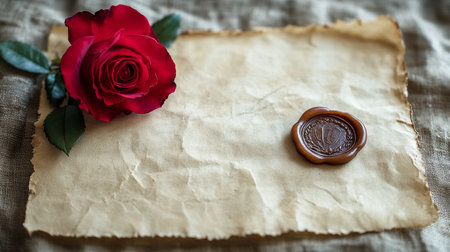 A red rose rests beside an old letter sealed with wax. The letter features elegant handwriting, creating a romantic and nostalgic atmosphere. The wooden table adds warmth to the setting.の素材