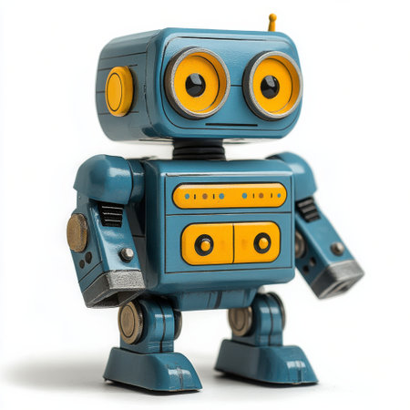 A blue retro robot toy with yellow details stands upright on a plain background. It features round eyes and buttons, evoking a nostalgic feeling and playful charm.の素材