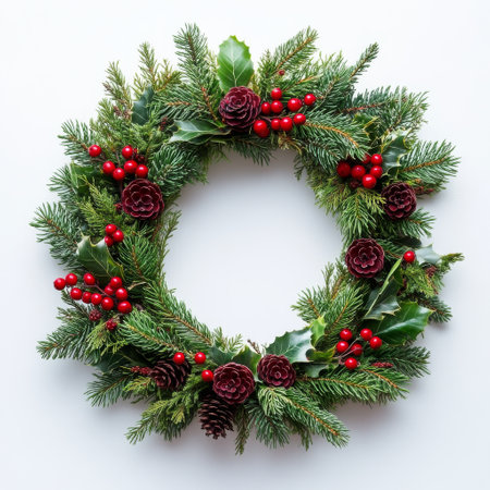 A circular holiday wreath made of fresh greenery, featuring pine cones and bright red berries. This festive decoration is perfect for hanging on doors during the winter season.の素材