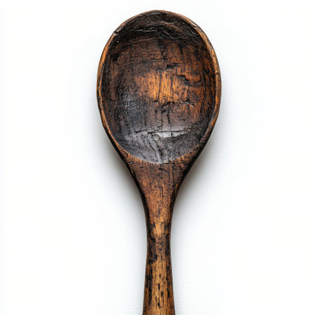 This handcrafted wooden spoon features a rich, dark finish and a smooth curve of its bowl. Its rustic appearance showcases the artistry of traditional woodworking techniques.の素材