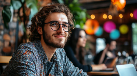 Four young adults engage in discussion around a coffee table in a vibrant workspace filled with greenery. Technology and creativity are both evident as they share ideas.の素材