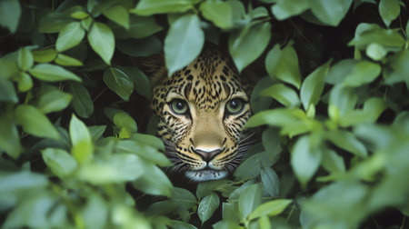 A leopard is stealthily observing from behind dense leaves, its striking eyes intently focused on the surroundings, showing the beauty of wildlife in its natural habitat.の素材