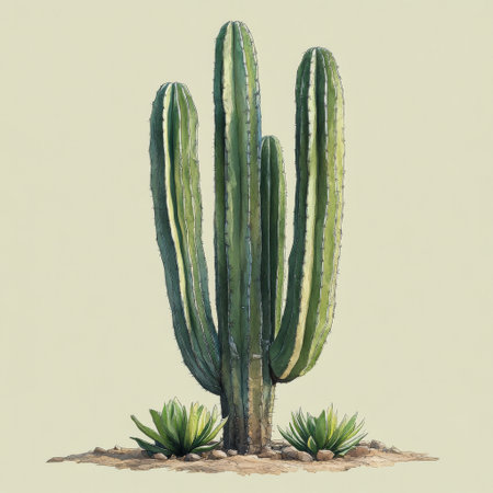 A tall green cactus with multiple arms is positioned in a sandy area. The spines are prominent, showing its resilient nature typical of arid environments under bright sunlight.の素材