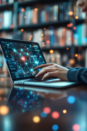 In a peaceful library, a person uses a laptop to delve into data networks. The screen displays intricate patterns of connections, illuminated by soft ambient light from surrounding shelves.の素材