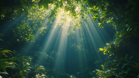 Sunlight streams through the lush canopy of a rainforest, illuminating the vibrant green leaves and creating a serene atmosphere in the natural setting during daytime.の素材