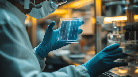 A scientist in a lab coat and protective gear inspects a solar panel under bright lights in a high tech laboratory. The focus is on quality assurance and innovation in renewable energy.の素材