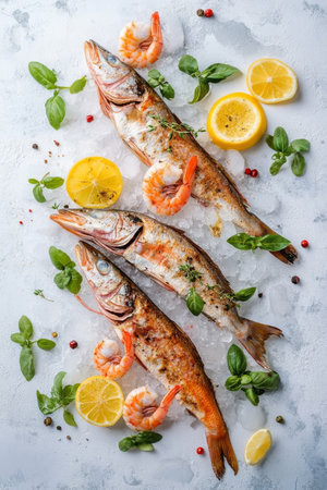 Whole fish are arranged with fresh shrimp and lemon slices on ice, enhanced by vibrant herbs and spices. This colorful display highlights a delicious seafood feast.の素材