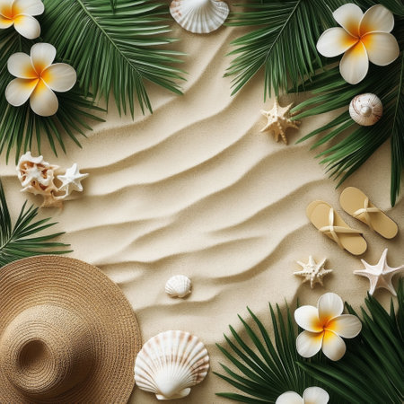 Brightly colored seashells, starfish, and tropical flowers are arranged around a sun hat and sandals on a sandy beach. The scene captures a relaxed, summery vibe under clear skies.の素材