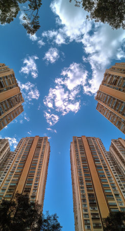 Tall skyscrapers rise dramatically, their glass facades reflecting stunning hues of orange from the sunset, creating a striking contrast against the clear blue sky above.の素材