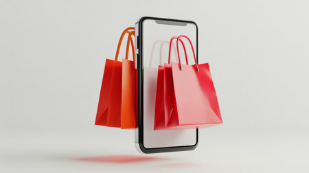 Brightly colored shopping bags are emerging from the screen of a smartphone, representing the concept of online shopping and the vibrant world of e-commerce in a modern digital setting.の素材