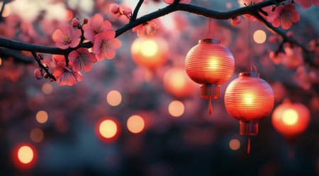 Cherry blossom branches with pink flowers frame glowing red lanterns in a quiet garden during dusk. The warm light creates a magical, tranquil atmosphere rich in tradition.の素材