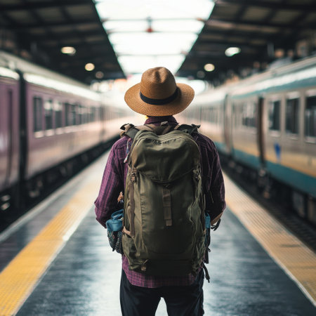 A solitary traveler stands at a bustling train station, wearing a backpack and hat. Yellow trains line the platform, and the ambient light highlights the wet floor from recent rain.の素材