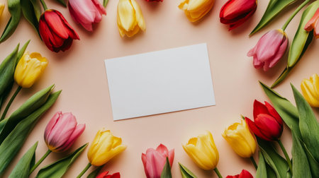 Vibrant tulips in shades of red, yellow, and pink are artistically arranged around a blank card, creating a decorative and inviting layout perfect for various occasions.の素材