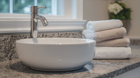 A modern bathroom showcases a sleek white bowl sink paired with crisp gray towels neatly stacked beside it on a polished countertop, creating a fresh and inviting atmosphere.の素材