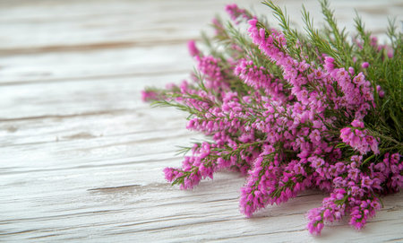 Delicate pink flowers are thoughtfully arranged on a rustic wooden table, showing their vibrant hues and intricate details under warm sunlight in the afternoon.の素材