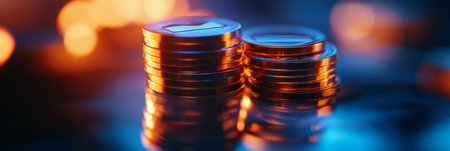 Stacks of coins are arranged on a shiny surface surrounded by colorful lighting representing the digital finance world, illustrating investment opportunities and market dynamics.の素材