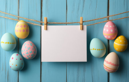 Easter eggs in various pastel colors surround a blank card suspended by clothespins on a rustic blue table. This setup invites seasonal messages and creative holiday expressions.の素材