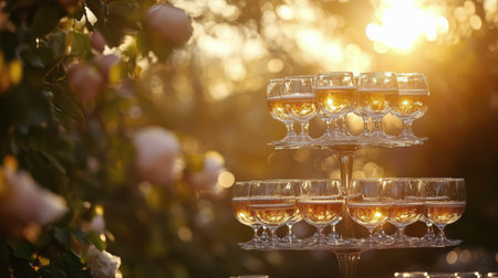 Sparkling beverage is poured into a pyramid of elegant glasses, capturing sunlight against a backdrop of colorful flowers in a serene garden during early evening.の素材