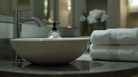 A modern bathroom showcases a sleek white bowl sink paired with crisp gray towels neatly stacked beside it on a polished countertop, creating a fresh and inviting atmosphere.の素材